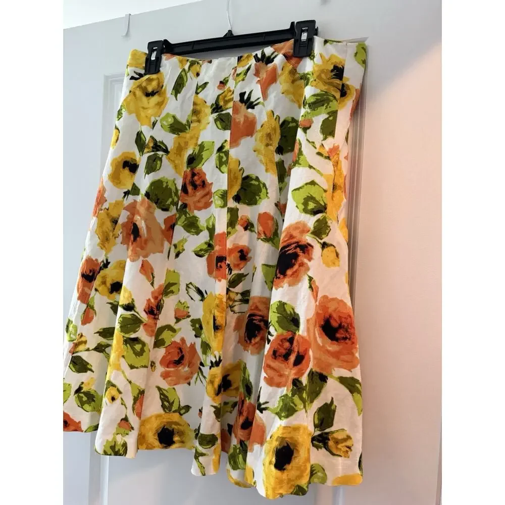 Premise Linen Floral A Line Skirt Yellow Orange Size 10